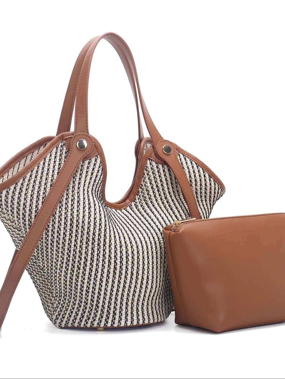 Striped Black & White Woven Tote with Brown Leather Trim